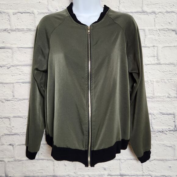 Design Lab Jacket Women Sz Small Olive Green Bomber Silky Feel Ribbed Cuff/Waist - Picture 1 of 12